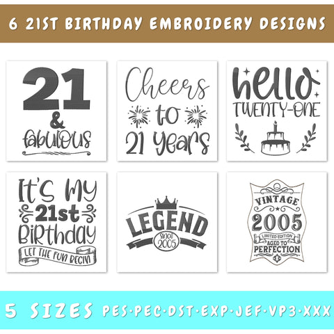 21st Birthday Embroidery Designs Bundle - 6 Designs, 21st Birthday Embroidery Patterns, 21st Birthday PES Files, 21st Birthday Embroidery Files Embroidery/Applique DESIGNS HappyDesignStudio 