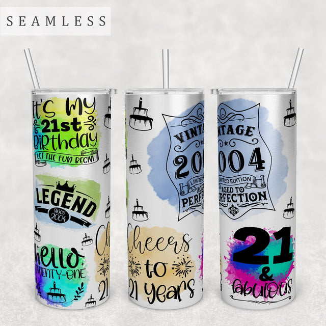 21st Birthday Tumbler Wrap, 20oz Skinny Tumbler Sublimation Design, Seamless 21st Birthday Tumbler PNG Sublimation HappyDesignStudio 
