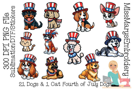 22 Fourth of July Dogs PNG | Fourth of July Dog Sublimation | Patriotic Dog Stickers Sublimation MissMarysEmbroidery 
