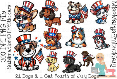 22 Fourth of July Dogs PNG | Fourth of July Dog Sublimation | Patriotic Dog Stickers Sublimation MissMarysEmbroidery 