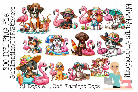 22 Summer Dogs with Flamingos PNG | Summer Dogs Sublimation | Dogs with Flamingos Stickers Sublimation MissMarysEmbroidery 