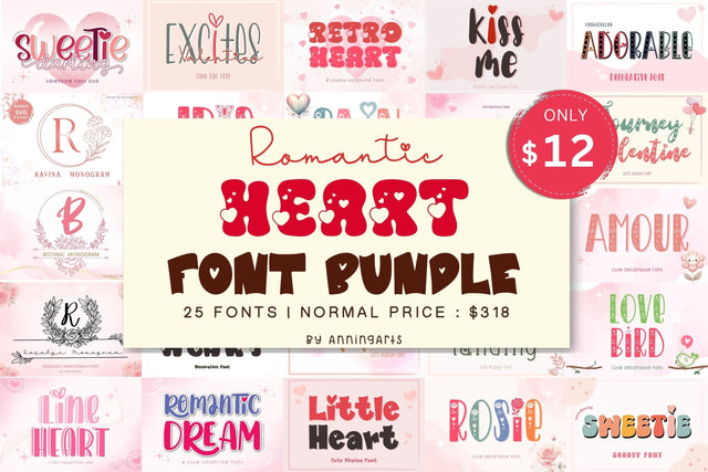 25 Romantic Heart Font Bundle Font AnningArts Design 
