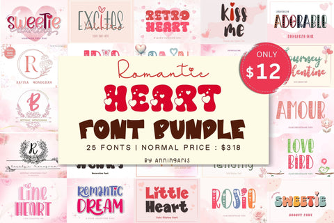 25 Romantic Heart Font Bundle Font AnningArts Design 