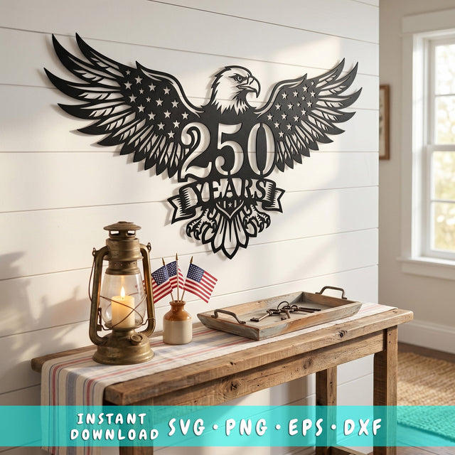 250 Years Eagle American Flag SVG | Patriotic Metal Wall Art Dxf | USA Anniversary Plasma Cut File | CNC Laser Cut Eagle Design SVG HappyDesignStudio 