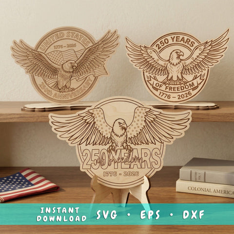 250 Years of Freedom Laser Cut SVG Bundle, 3 Patriotic Eagle Laser Files, 1776 2026 USA Signs, 4th of July Wood Decor, CNC Glowforge Dxf Eps SVG HappyDesignStudio 
