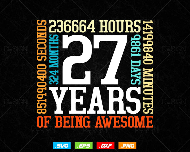 27 Years Of Being Awesome Birthday Svg Png, Retro Vintage Style Happy Birthday Gifts T Shirt Design, Birthday gift svg files for cricut Svg SVG DesignDestine 