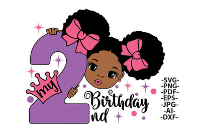 2nd Birthday Girl SVG Black Toddler with Afro Puffs Pink Bows and Crown Clipart PNG DXF PDF EPS JPG AI My Second Birthday Cricut Design SVG 1uniqueminute 