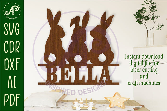 3 Bunnies name sign svg laser cut file SVG APInspireddesigns 