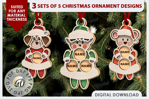 3 Sets Family Christmas Ornaments Laser Cut Bundle SVG Evgenyia Guschina 