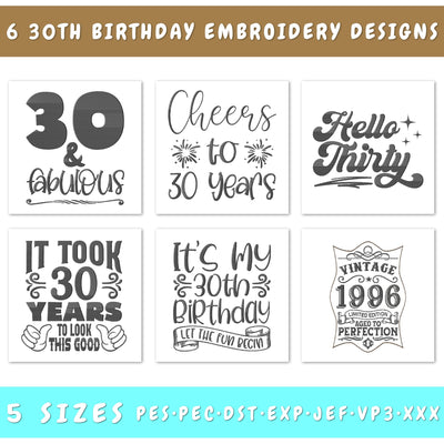 30th Birthday Embroidery Designs Bundle - 6 Designs, 30th Birthday Embroidery Patterns, 30th Birthday PES Files, 30th Birthday Embroidery Files Embroidery/Applique DESIGNS HappyDesignStudio 