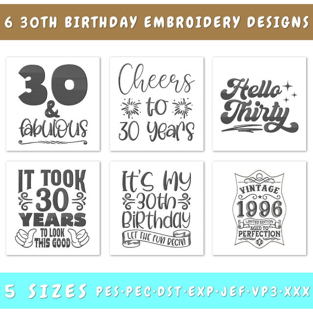 30th Birthday Embroidery Designs Bundle - 6 Designs, 30th Birthday Embroidery Patterns, 30th Birthday PES Files, 30th Birthday Embroidery Files Embroidery/Applique DESIGNS HappyDesignStudio 