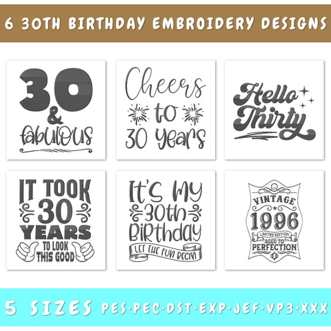 30th Birthday Embroidery Designs Bundle - 6 Designs, 30th Birthday Embroidery Patterns, 30th Birthday PES Files, 30th Birthday Embroidery Files Embroidery/Applique DESIGNS HappyDesignStudio 