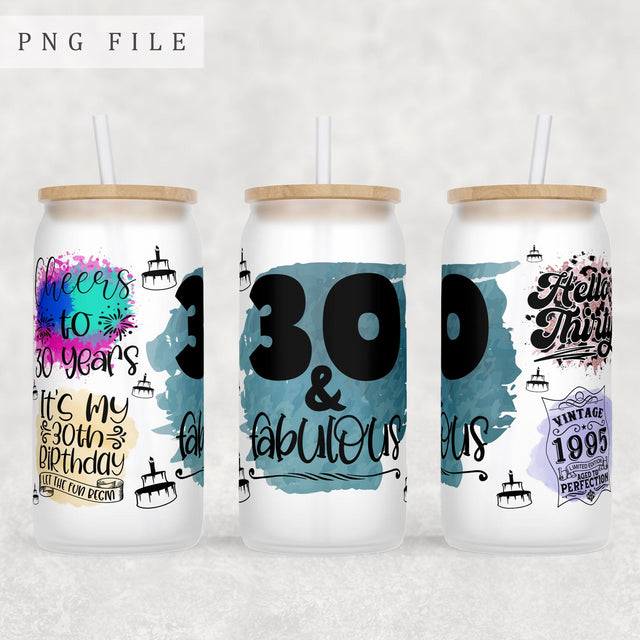 30th Birthday Libbey Glass Can Wrap, 16 Oz Glass Can Sublimation Design, 30th Anniversary Glass Can PNG File, Hello Thirty Glass Can Wrap Sublimation HappyDesignStudio 