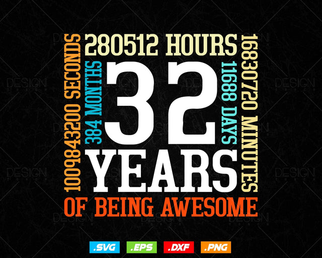 32 Years Of Being Awesome Birthday Svg Png, Retro Vintage Style Happy Birthday Gifts T Shirt Design, Birthday gift svg files for cricut Svg SVG DesignDestine 
