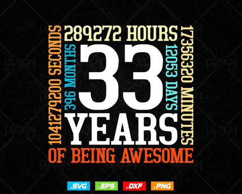 33 Years Of Being Awesome Birthday Svg Png, Retro Vintage Style Happy Birthday Gifts T Shirt Design, Birthday gift svg files for cricut Svg SVG DesignDestine 