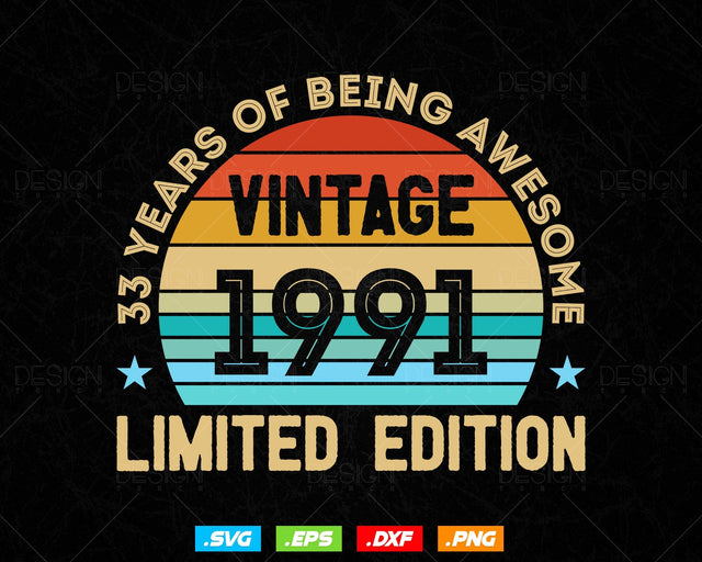 33 Years Of Being Awesome Vintage Limited Edition Birthday Vector T shirt Design Png Svg Files, Birthday gift svg files for cricut SVG DesignDestine 