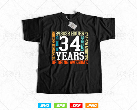 34 Years Of Being Awesome Birthday Svg Png, Retro Vintage Style Happy Birthday Gifts T Shirt Design, Birthday gift svg files for cricut Svg SVG DesignDestine 
