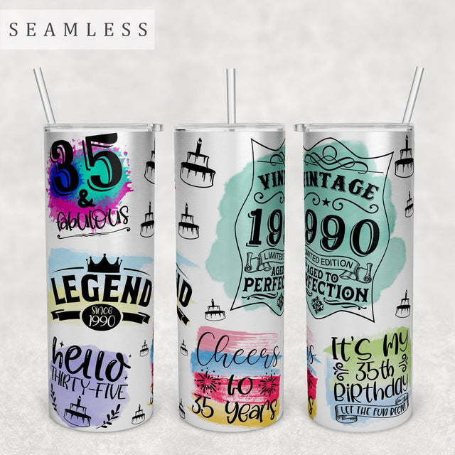 35th Birthday Tumbler Wrap, 20 Oz Skinny Tumbler Sublimation Design, Seamless 35th Birthday Tumbler PNG, Hello Thirty-Five PNG Sublimation HappyDesignStudio 