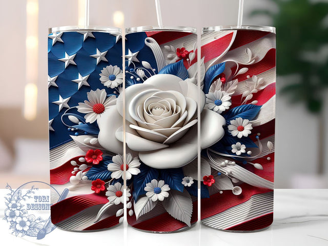 3D American Flag Flowers 20oz Skinny Tumbler, 4th Of July Tumbler Png, Straight & Tapered Tumbler Wrap, Instant Digital Download Sublimation ToriDesigns 