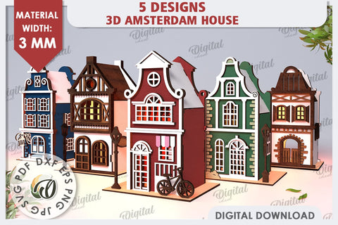 3D Amsterdam Houses Laser Cut Bundle. Candle Holders SVG SVG Evgenyia Guschina 