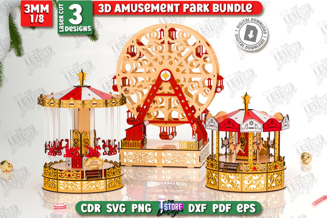 3D Amusement Park Laser Cut Bundle | Christmas Carousel SVG | Ferris Wheel Model Laser Cut | Christmas Decorations SVG | Shelf Sitter SVG | Mini Vintage Swing Carousel | CNC File SVG The T Store Design 