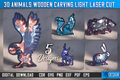 3D Animals Wooden Carving Light Bundle | LED Night Light | Animal Figurines | CNC Files SVG Fly Design 