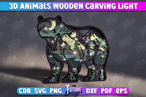 3D Animals Wooden Carving Light Bundle | LED Night Light | Animal Figurines | CNC Files SVG The T Store Design 