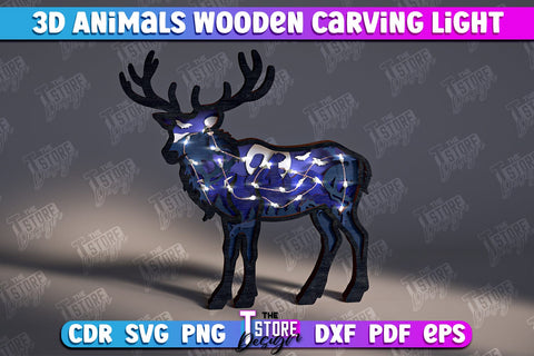 3D Animals Wooden Carving Light Bundle | LED Night Light | Animal Figurines | CNC Files SVG The T Store Design 