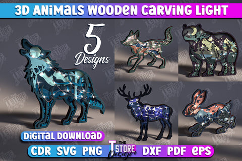 3D Animals Wooden Carving Light Bundle | LED Night Light | Animal Figurines | CNC Files SVG The T Store Design 