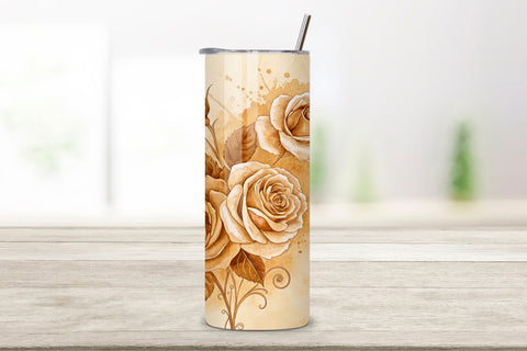 3D Antique Bookplate Rose Seamless Tumbler Wrap, Sepia-Toned Roses with Vintage Frame, seamless tumbler wrap, antique rose design, bookplate floral wrap, sepia vintage frame, aged rose arrangement, 20oz skinny tumbler Sublimation FloridPrintables 