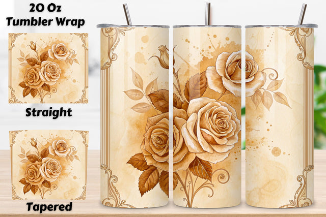 3D Antique Bookplate Rose Seamless Tumbler Wrap, Sepia-Toned Roses with Vintage Frame, seamless tumbler wrap, antique rose design, bookplate floral wrap, sepia vintage frame, aged rose arrangement, 20oz skinny tumbler Sublimation FloridPrintables 
