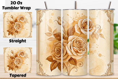 3D Antique Bookplate Rose Seamless Tumbler Wrap, Sepia-Toned Roses with Vintage Frame, seamless tumbler wrap, antique rose design, bookplate floral wrap, sepia vintage frame, aged rose arrangement, 20oz skinny tumbler Sublimation FloridPrintables 