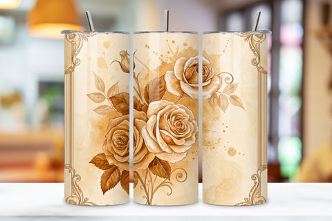 3D Antique Bookplate Rose Seamless Tumbler Wrap, Sepia-Toned Roses with Vintage Frame, seamless tumbler wrap, antique rose design, bookplate floral wrap, sepia vintage frame, aged rose arrangement, 20oz skinny tumbler Sublimation FloridPrintables 