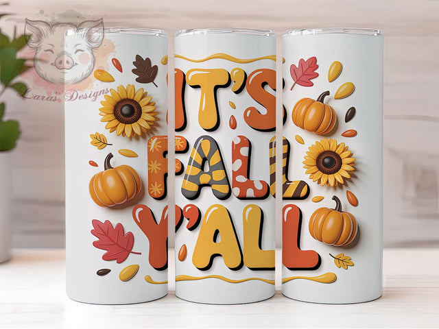 3D Autumn Fall Y’all Tumbler, Autumn Leaves Wrap, Cozy Fall Cup, 20oz Sublimation Wrap, Stylish Autumn Design Tumbler, Seasonal Fall Theme Cup, Pumpkin Harvest Wrap Sublimation Lara' s Designs 