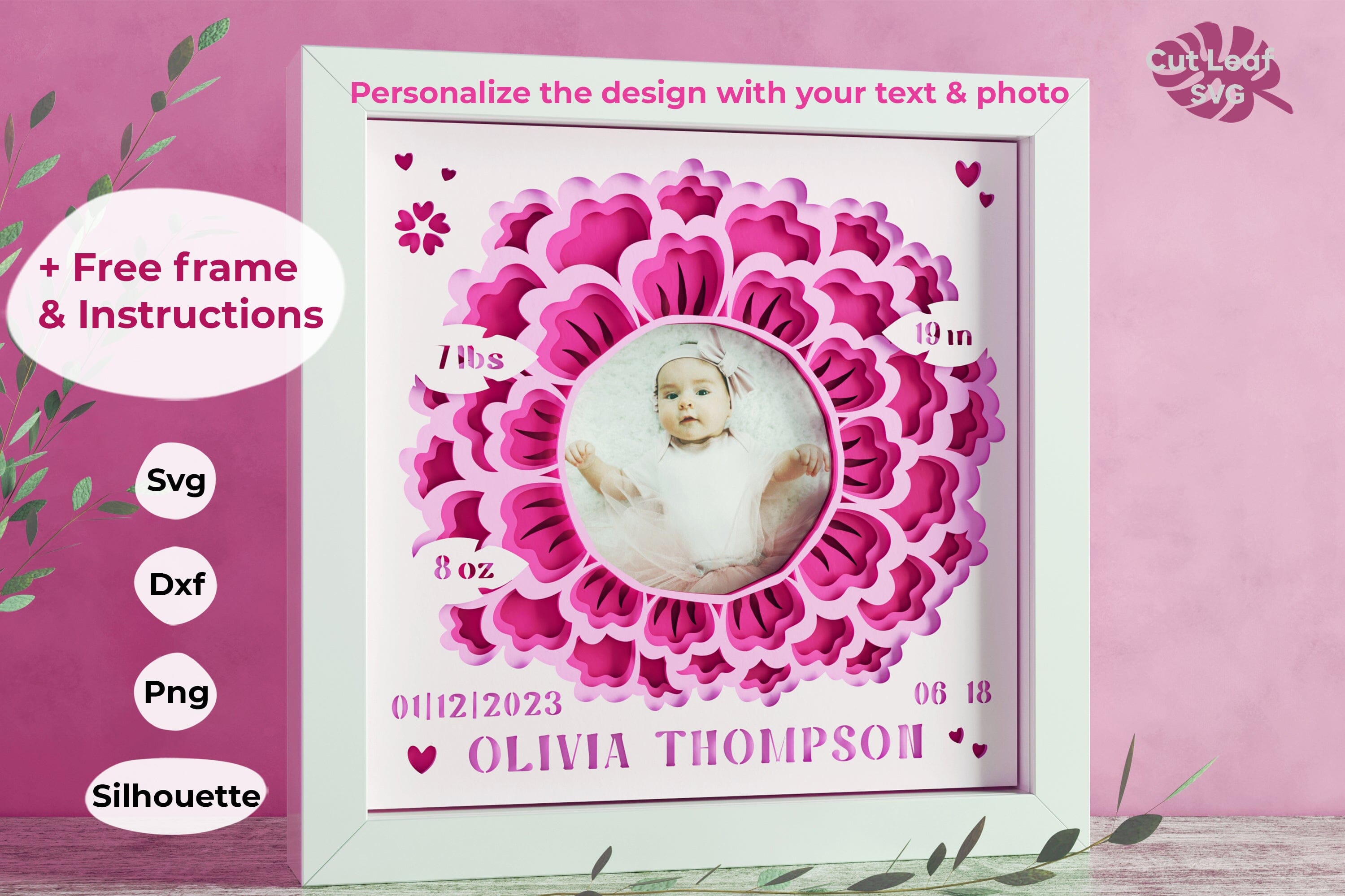 3D Baby Girl Stats Shadow Box svg Customizable Baby Stats Shadow Box