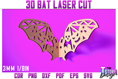 3D Bat Laser Cut | Halloween Design | Wooden Bat | Halloween Décor | CNC File SVG The T Store Design 