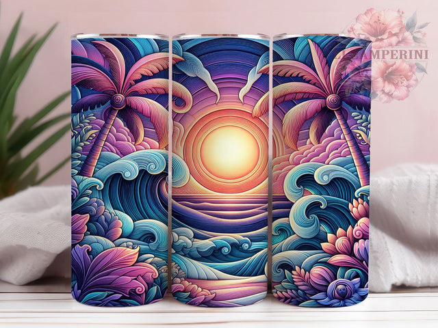 3D Beach Ocean Sunset Tumbler Wrap, Ocean Sunset Wrap, Quilling Tumbler Design, 20oz Sublimation Wrap, Tropical Beach Cup, Coastal Trees Tumbler, Artistic Ocean Design Sublimation Li Zamperini 
