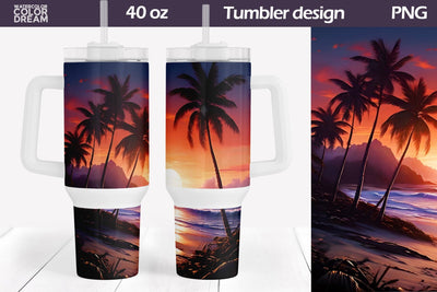 3D Beach Tumbler 40 Oz | Tropical Beach 40 OZ Tumbler Sublimation WatercolorColorDream 