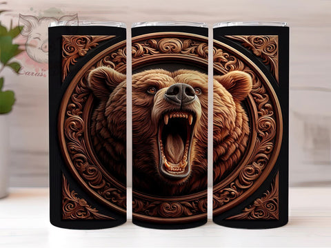 3D Bear Tooled Leather 20oz Tumbler Png, Straight & Tapered Tumbler Png, 3D Bear Tumbler Png, Digital Download PNG Sublimation Lara' s Designs 