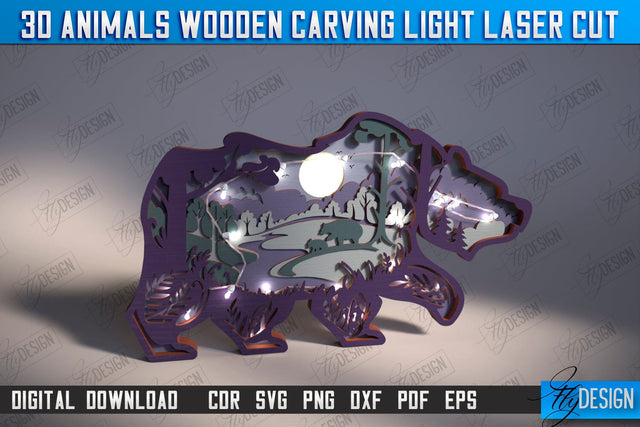 3D Bear Wooden Carving Light | LED Night Light | Animal Figurines | CNC File SVG Fly Design 
