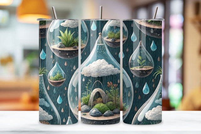 3D Biophilic Cloud Seamless Tumbler Wrap - Floating Terrariums & Raindrop Physics, 20 oz Skinny Sublimation PNG, seamless design, skinny tumbler, sublimation tumbler, tumbler design Sublimation FloridPrintables 