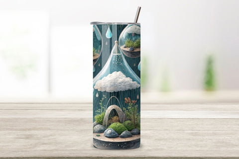 3D Biophilic Cloud Seamless Tumbler Wrap - Floating Terrariums & Raindrop Physics, 20 oz Skinny Sublimation PNG, seamless design, skinny tumbler, sublimation tumbler, tumbler design Sublimation FloridPrintables 