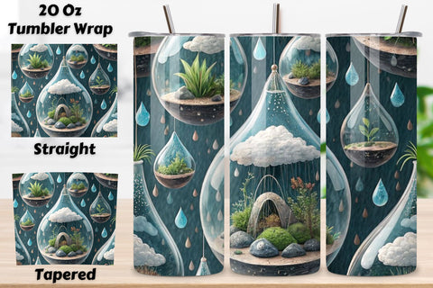3D Biophilic Cloud Seamless Tumbler Wrap - Floating Terrariums & Raindrop Physics, 20 oz Skinny Sublimation PNG, seamless design, skinny tumbler, sublimation tumbler, tumbler design Sublimation FloridPrintables 