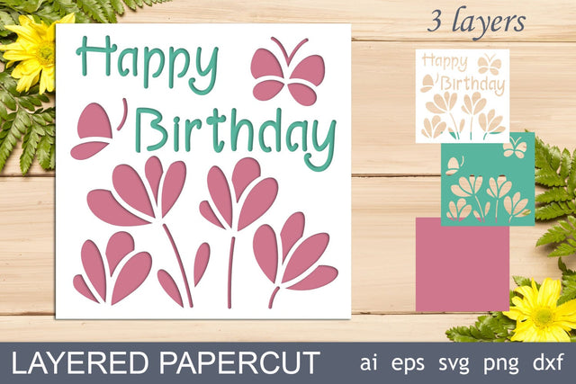3d Birthday flower card svg, Layered Happy birthday svg template SVG AnastasiyaArtDesign 