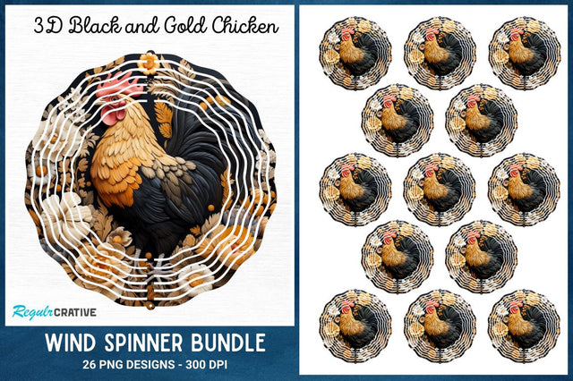 3D Black and Gold Chicken Wind Spinner Bundle Sublimation Regulrcrative 