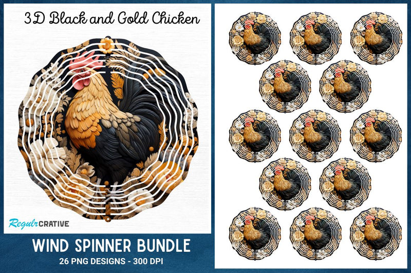 3D Black and Gold Chicken Wind Spinner Bundle - So Fontsy