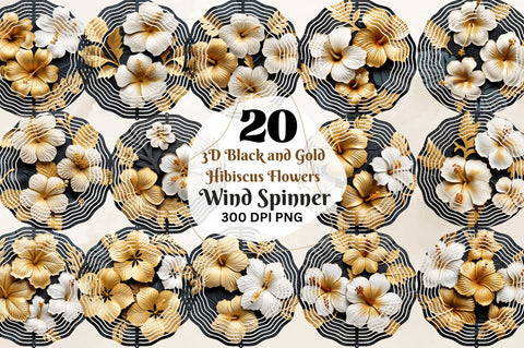 3D Black and Gold Hibiscus Flowers Wind Spinner Sublimation Regulrcrative 