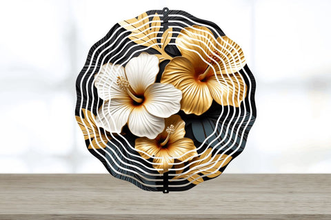 3D Black and Gold Hibiscus Flowers Wind Spinner Sublimation Regulrcrative 