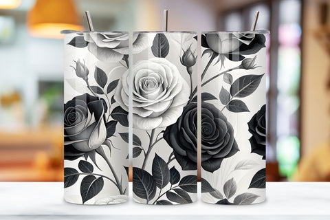 3D Black and White Rose Seamless Tumbler Wrap, Monochrome Elegance, seamless tumbler wrap, black white design, monochrome floral wrap, elegant rose design, watercolor rose design, 20oz skinny tumbler, tapered tumbler wrap, straight tumbler design Sublimation FloridPrintables 