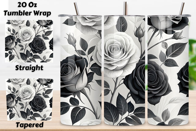 3D Black and White Rose Seamless Tumbler Wrap, Monochrome Elegance, seamless tumbler wrap, black white design, monochrome floral wrap, elegant rose design, watercolor rose design, 20oz skinny tumbler, tapered tumbler wrap, straight tumbler design Sublimation FloridPrintables 